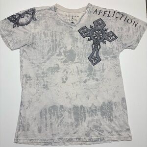 Affliction Graphic T-Shirt, Grey Cross & Angel Wings Print, Size XL